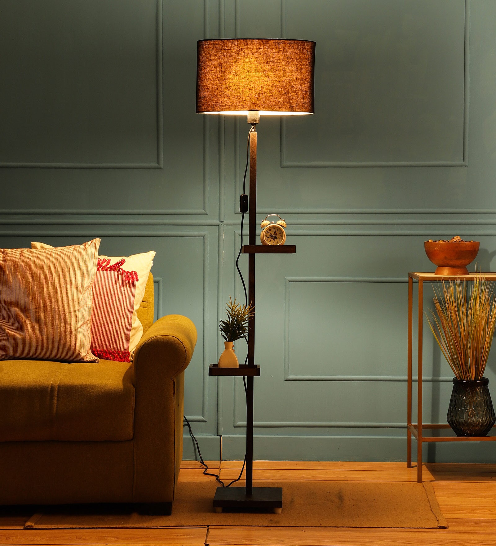 Buy Contemporary Black Fabric Shade Shelf Floor Lamp With Wood Base By