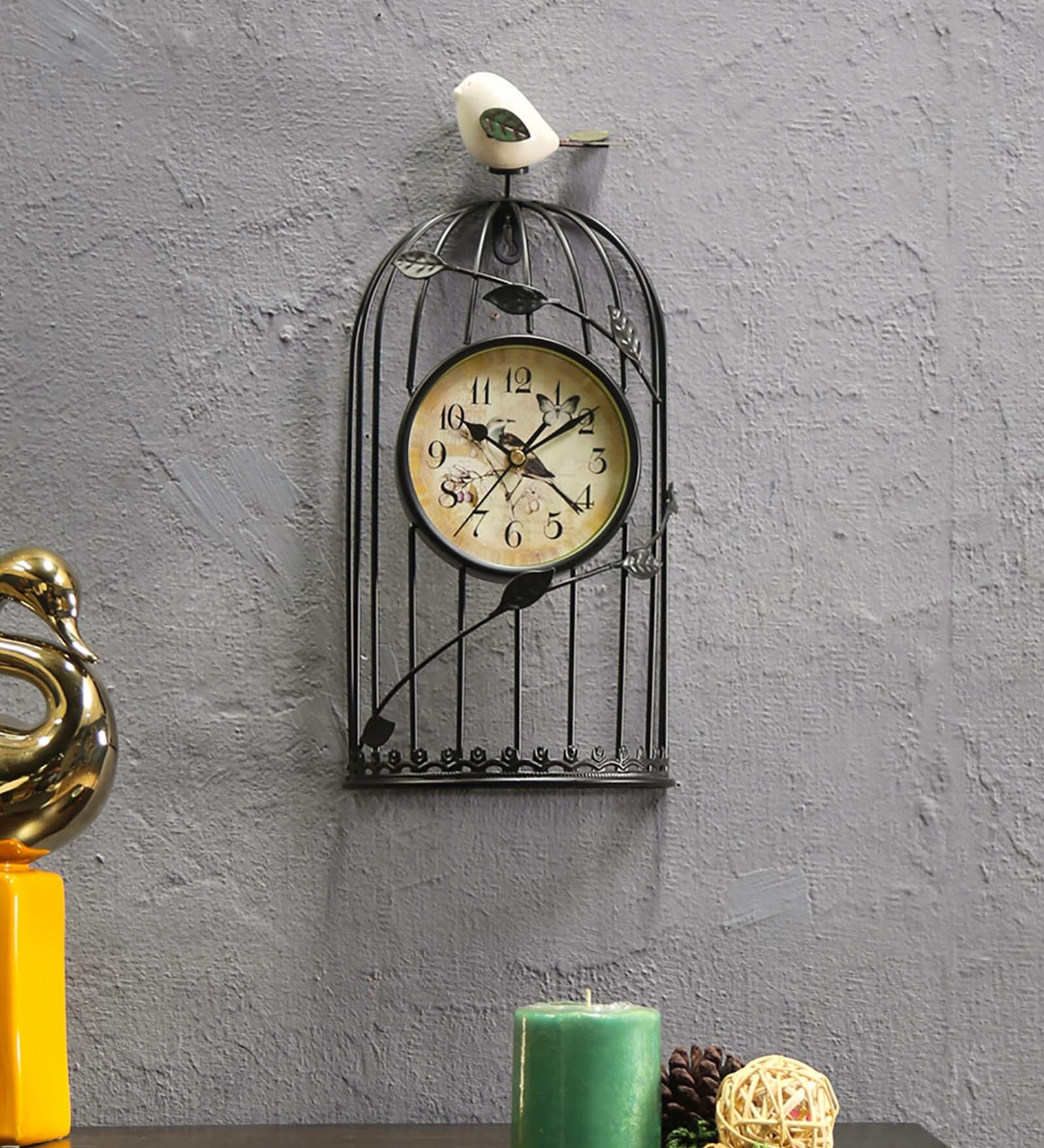 Buy Black Plastic Analog Free Bird Cage Wall Clock by Home Online