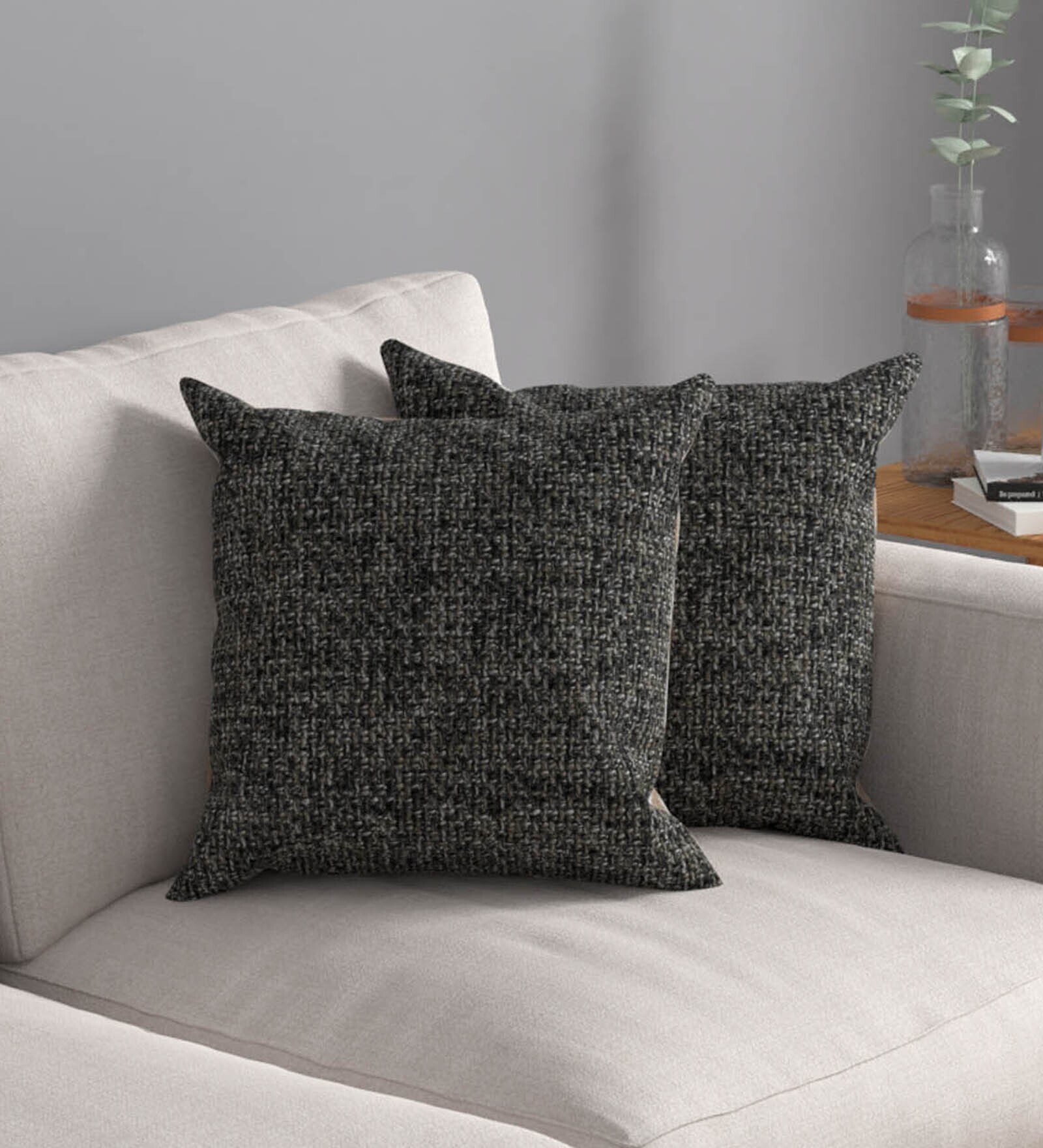 Buy Black Textured Polyester 16 x 16 Inches Cushion Covers (Set of 2) by ROSARAHOME Online