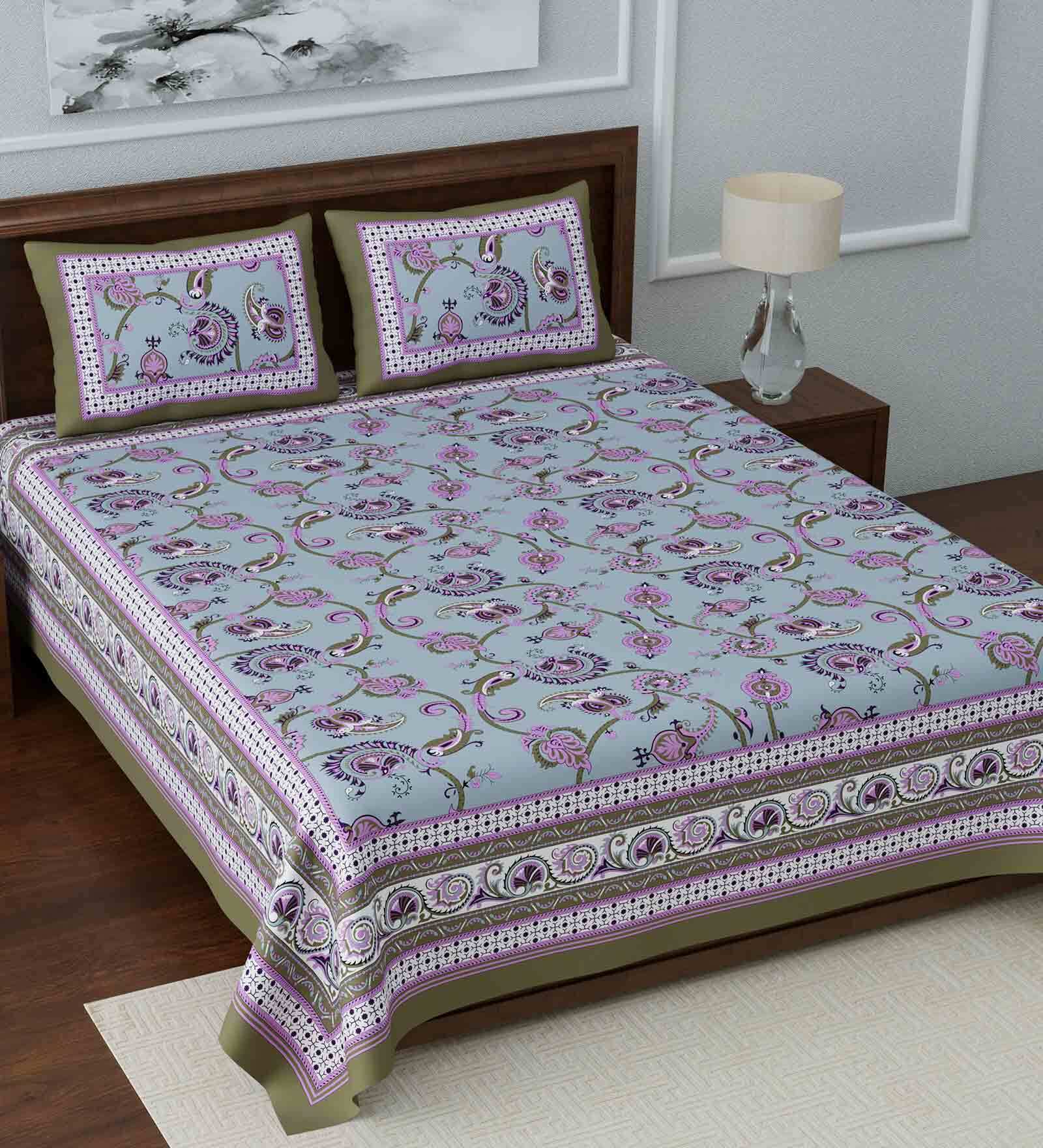 Buy Blue Traditional 108 TC Cotton King Sized Bed Sheets with 2 Pillow