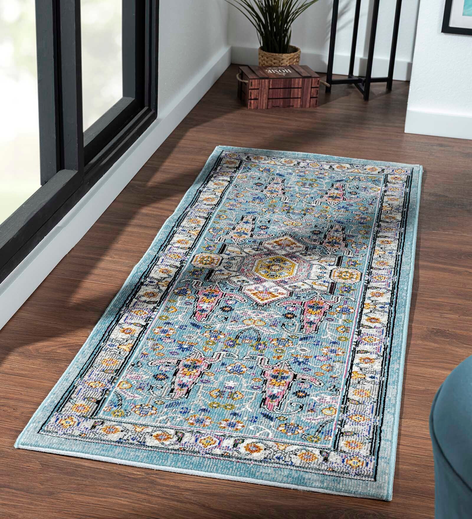 Buy Blue Abstract Polypropylene 59x24 Inches Machine Made Floor Runner ...