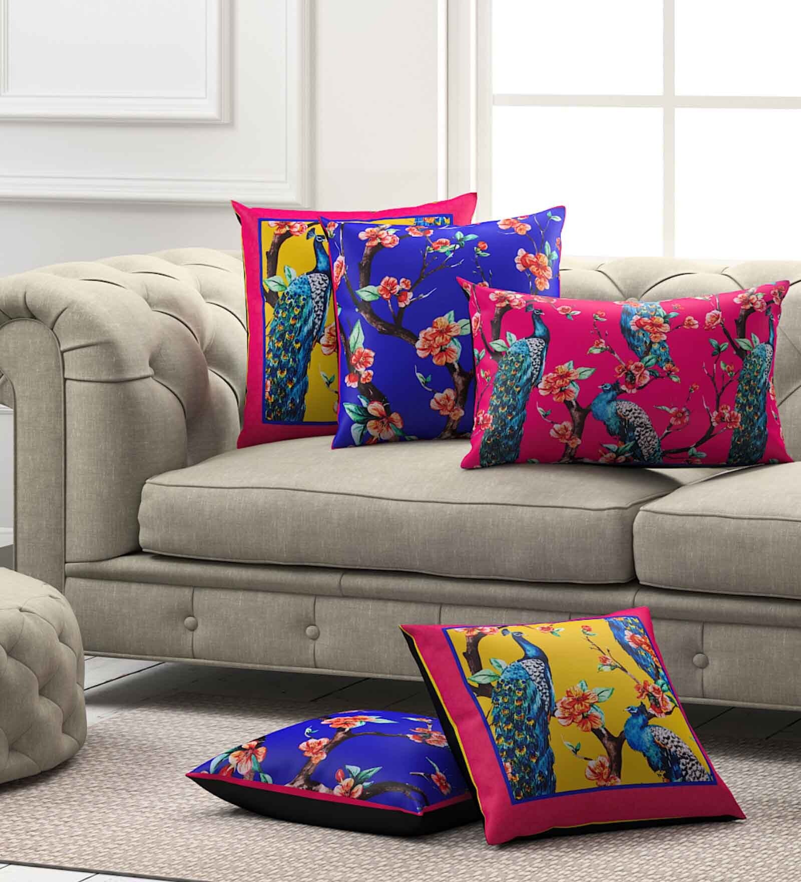Buy Blue Floral Poly Cotton 16 x 16 Inch Cushion Covers (Set of 5) by SEJ By Nisha Gupta Online