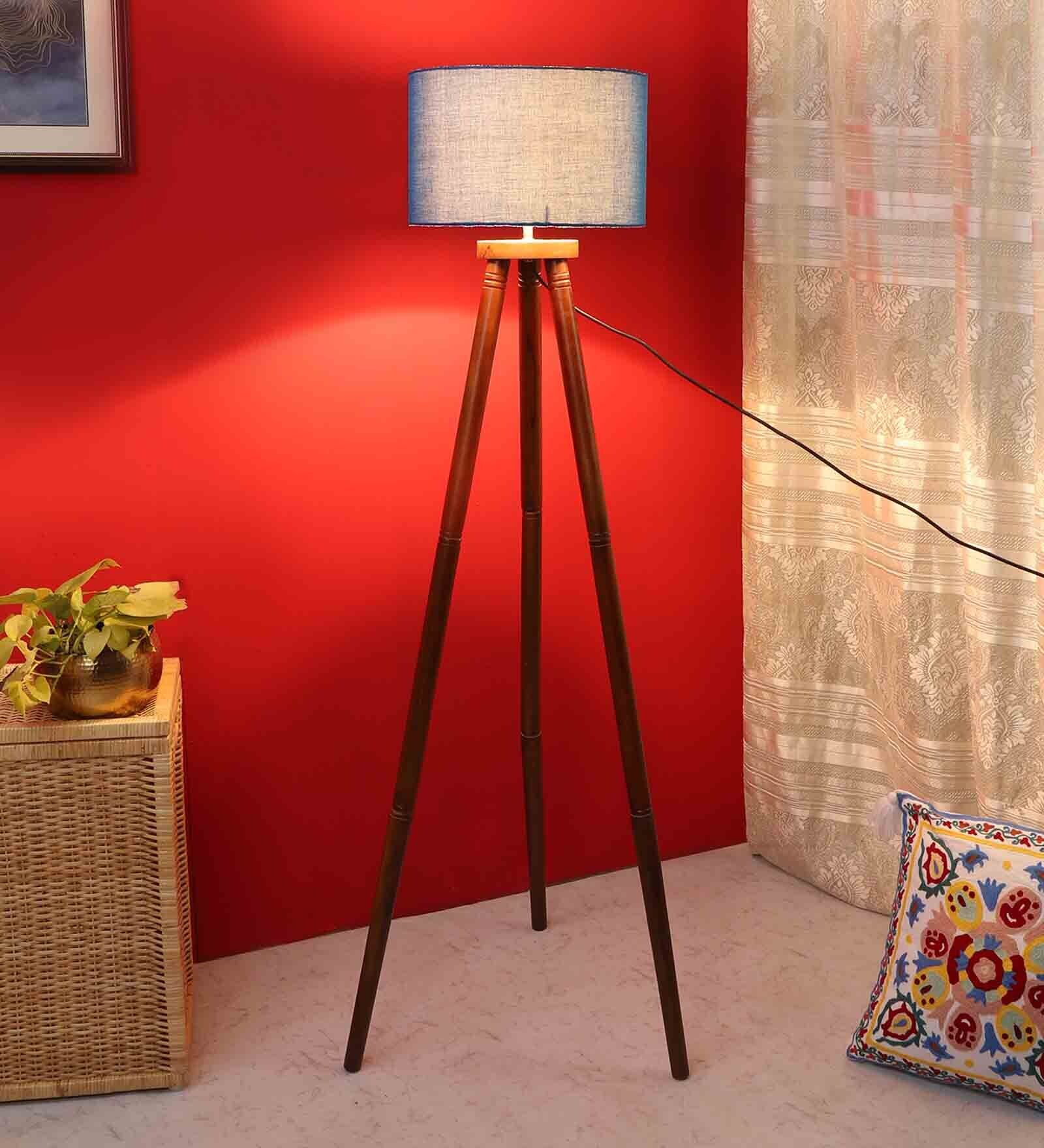 Buy Roman Blue Cotton Shade Tripod Floor Lamp With Mango wood Base By