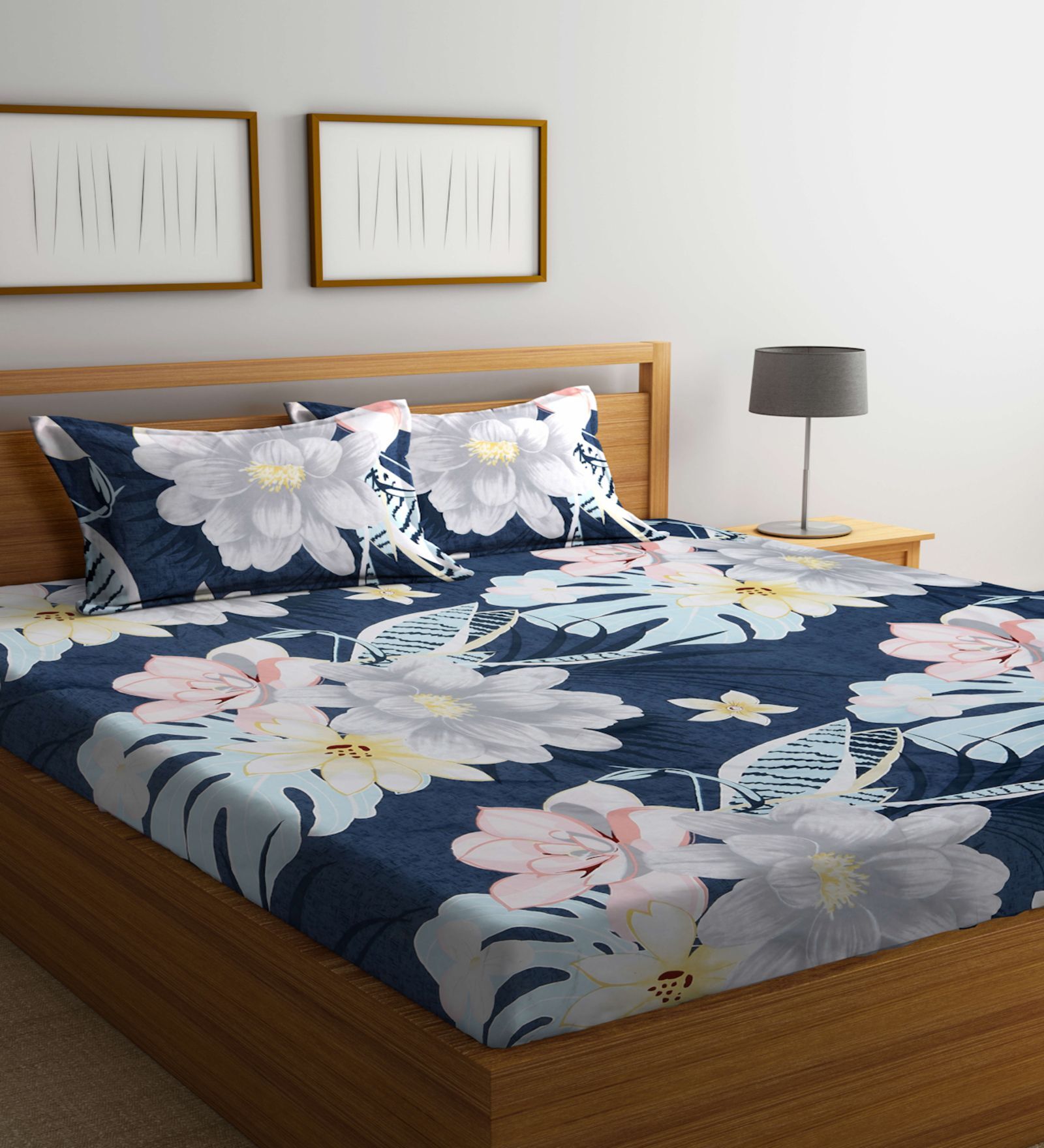 Buy Blue Floral 300 Tc Cotton Blend Double Queen Size Bedsheet With 2 Pillow Covers By Fabinaliv 7562