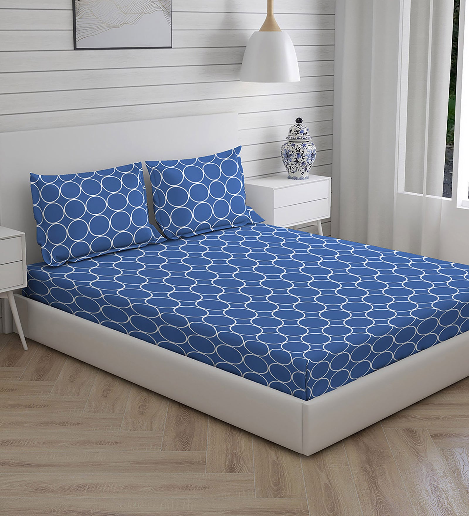Buy Blue Geometric 104 TC Cotton Queen Sized Bed Sheets with 2 Pillow