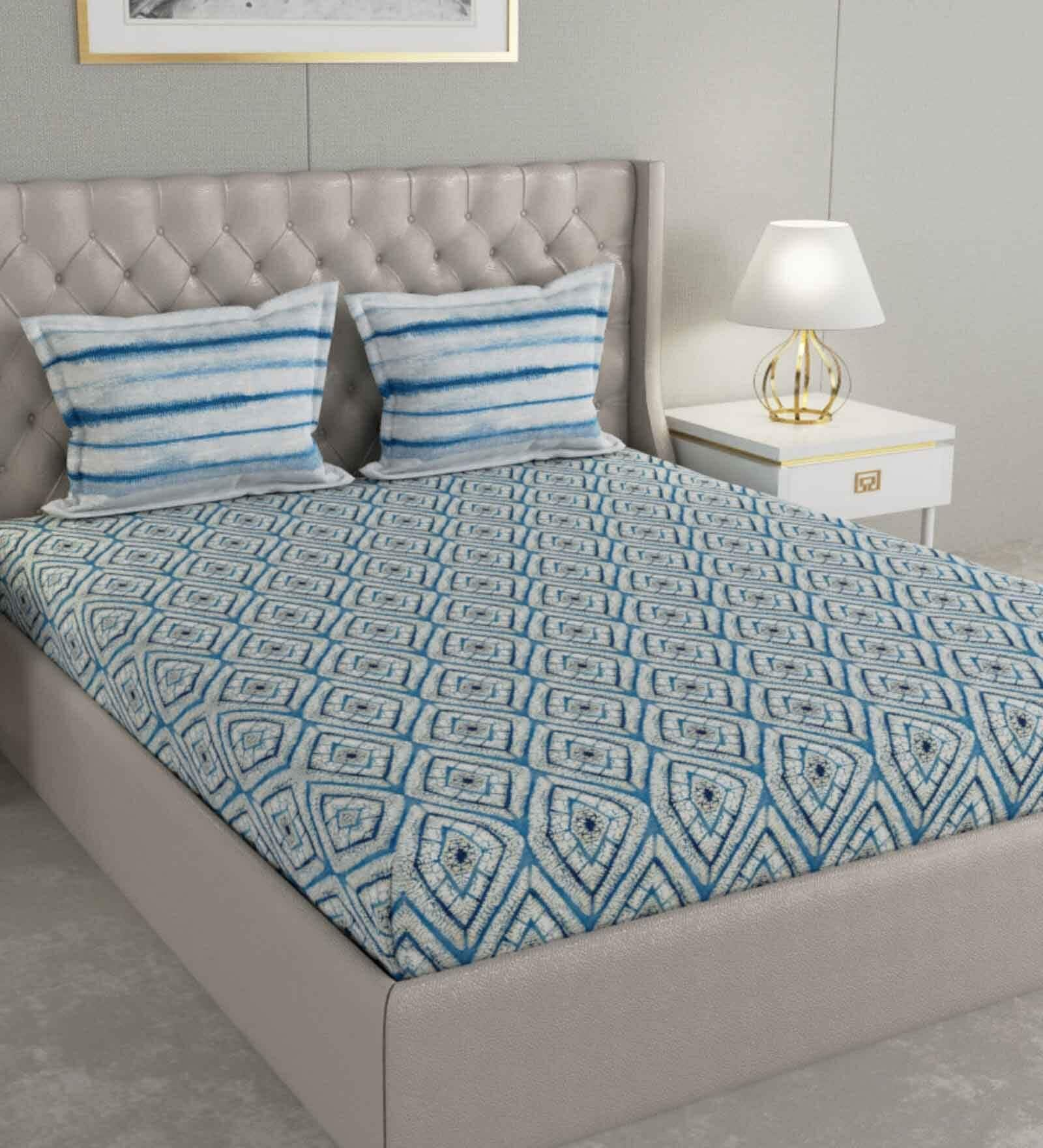 Buy Blue Geometric 210 TC Cotton King Sized Bed Sheets With 2 Pillow ...