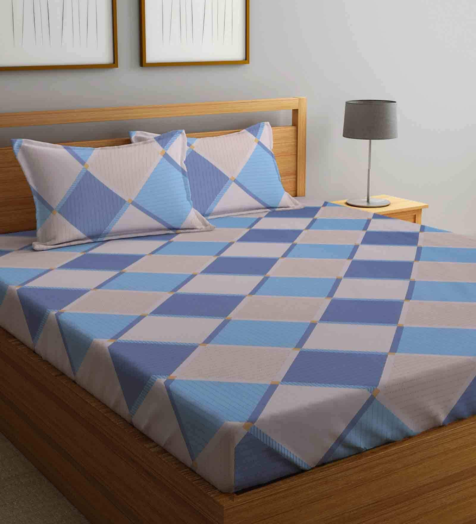 Buy Blue Checkered 210 Tc Poly Cotton King Sized Bed Sheets With 2