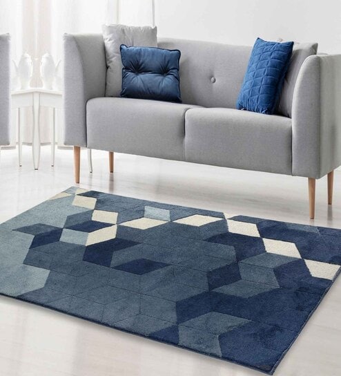 Blue Abstract Cotton 4 Ft X 6 Ft Machine Made Carpet