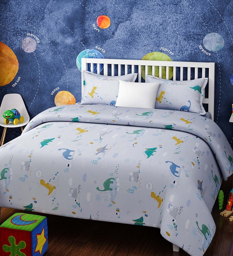 Buy Blue Cotton Queen Size Giraffe Kids Bedsheet Set Of 3 By