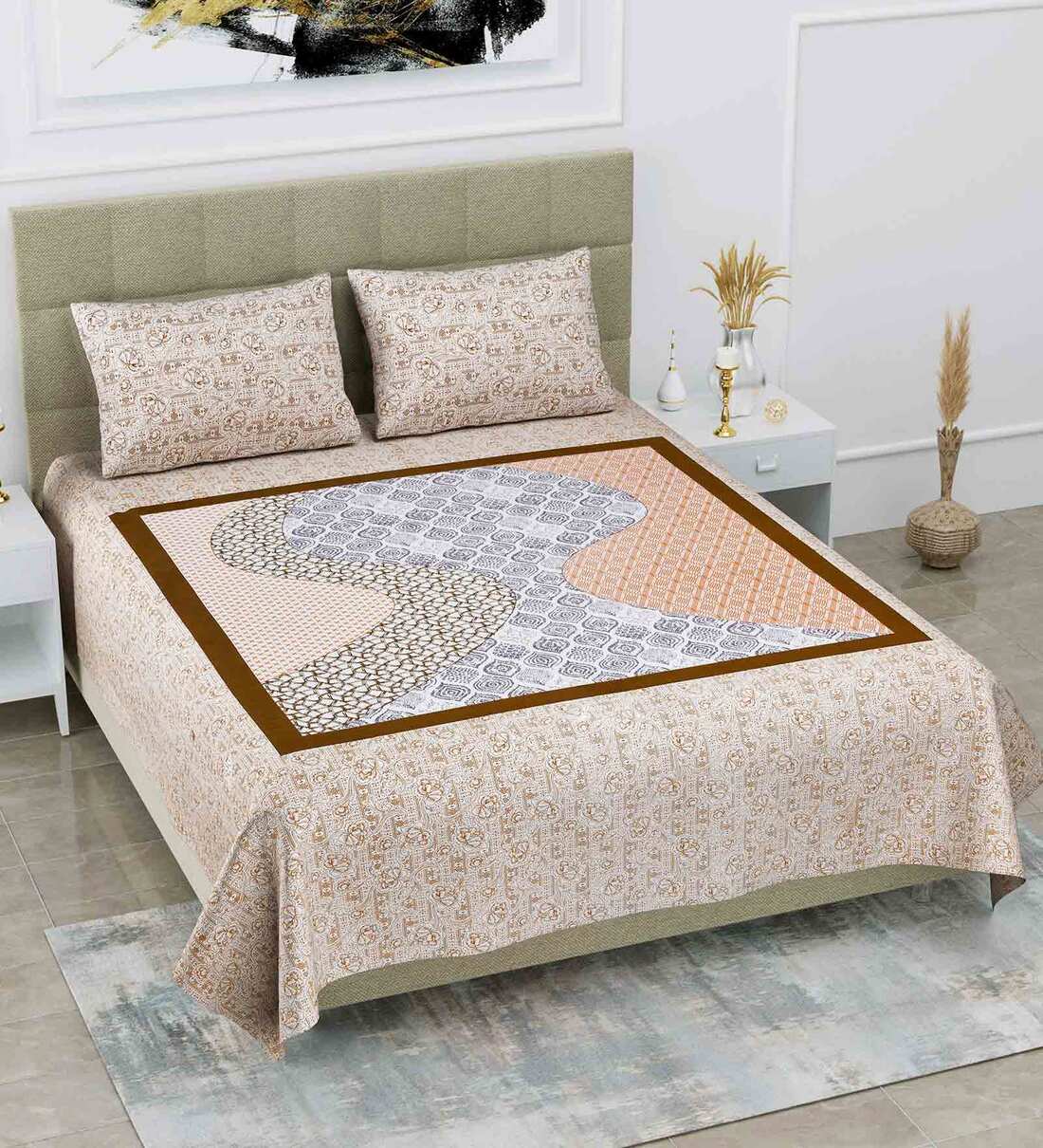 Buy Brown Abstract 108 TC Cotton King Sized Bed Sheets with 2 Pillow