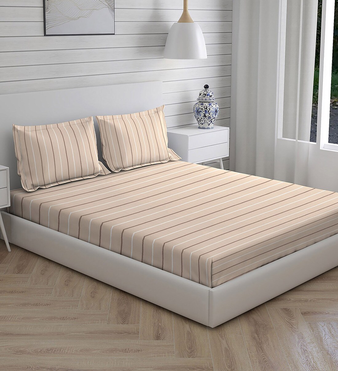 Buy Brown Striped 104 TC Cotton Queen Sized Bed Sheets with 2 Pillow Covers by Layers Online