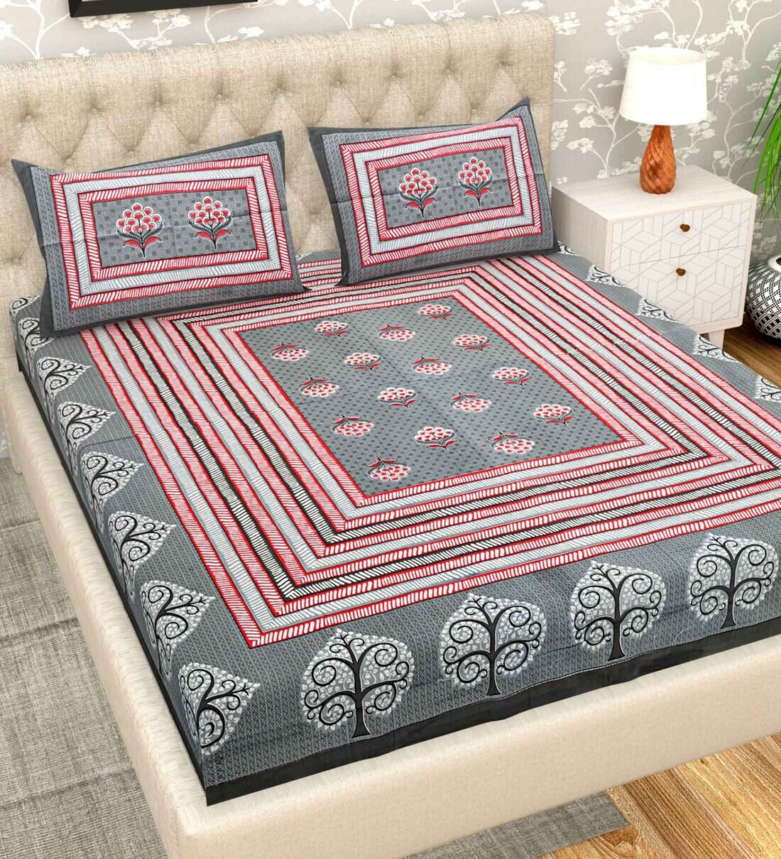 Buy Brown Geometric 200 TC Cotton Double Bedsheet with 2 Pillow Covers
