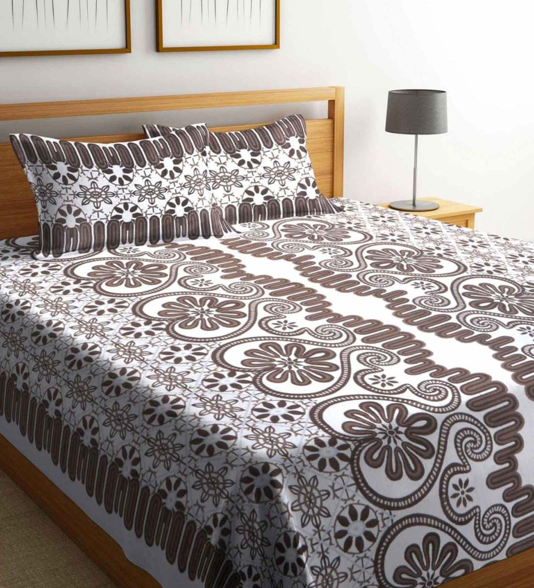 Buy Grey Traditional 180 TC Polyester Double Bed Cover with 2 Pillow