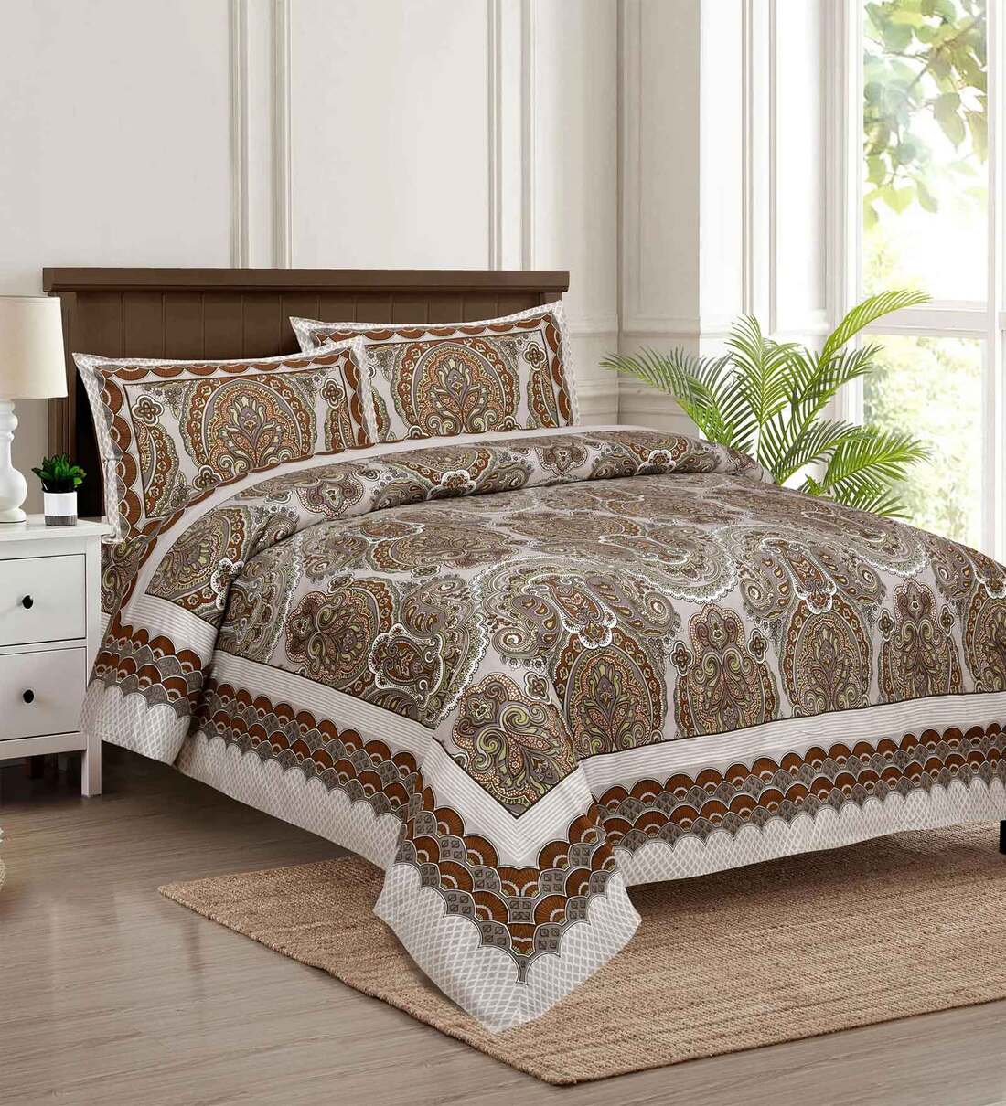 Buy Brown Traditional 144 TC Cotton King Sized Bed Sheets with 2 Pillow