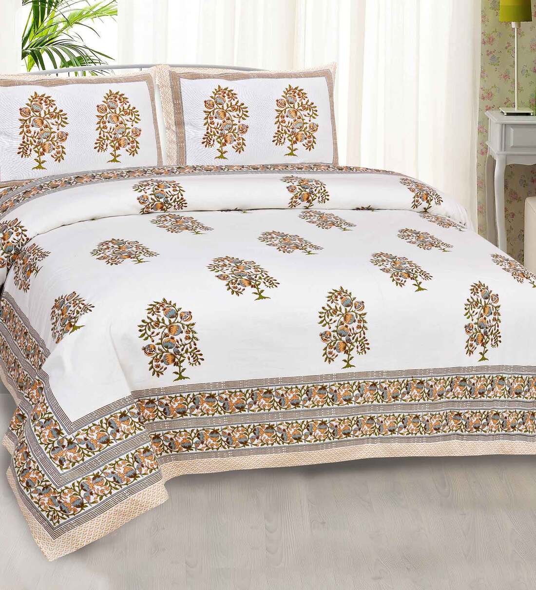 Buy Brown Floral 300 TC Cotton Queen Sized Bed Sheets with 2 Pillow