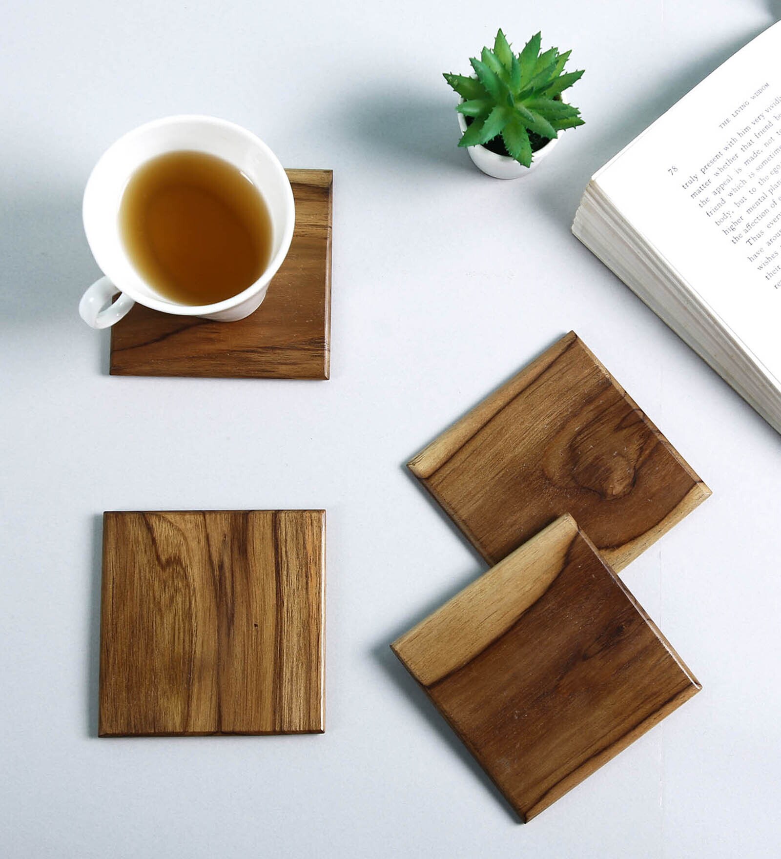 Brown Handcrafted Teak Wood Elegant (Set Of 4) Coasters, By Reinvention Factory 