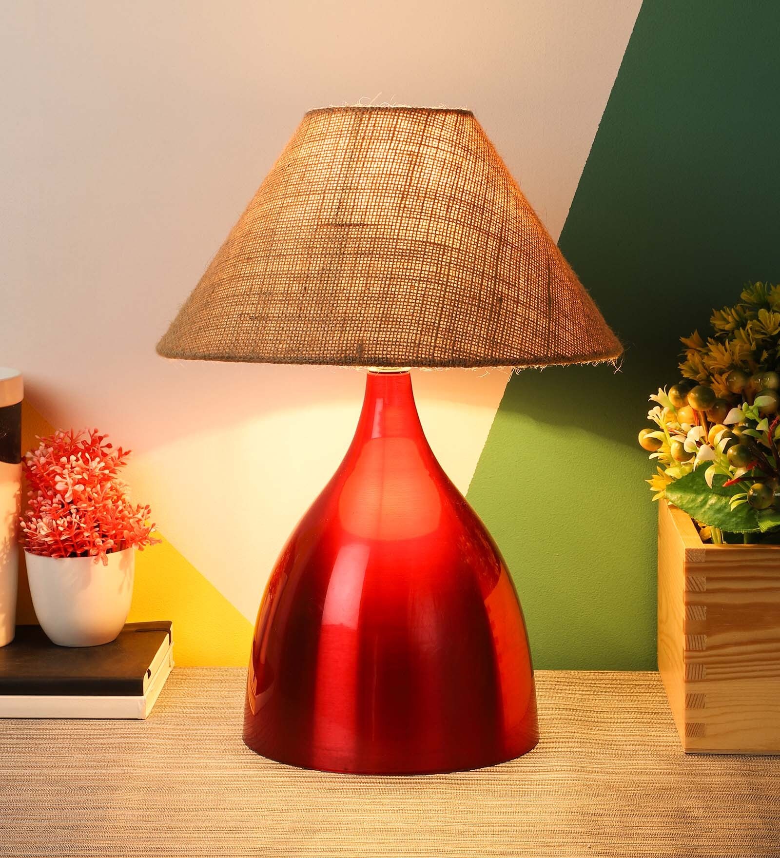 Buy Brown Natural Fiber Shade Table Lamp with Red Base by Foziq Online
