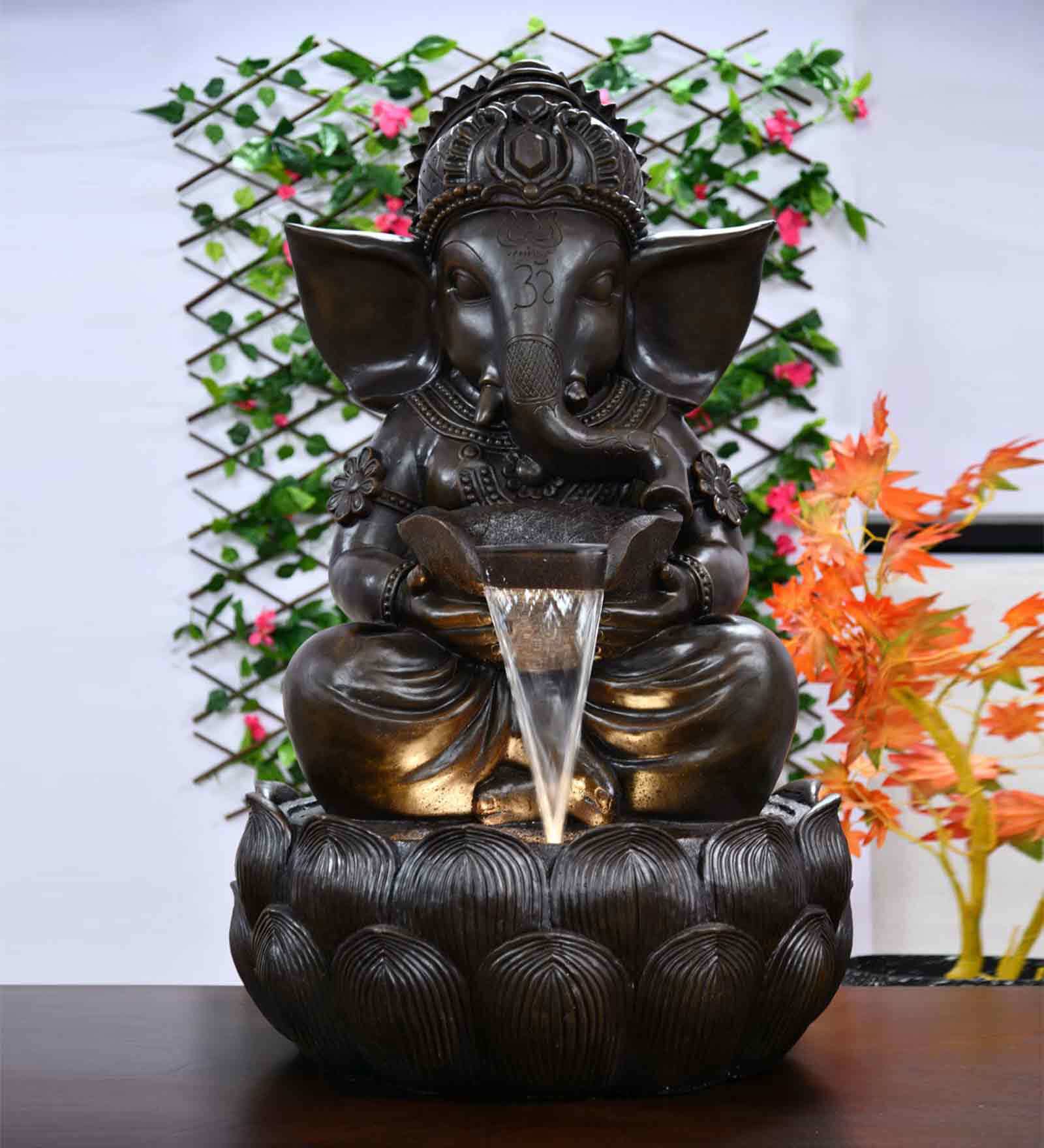 Buy Brown Polyresin Maha Ganesha On Lotus Water Fountain Online