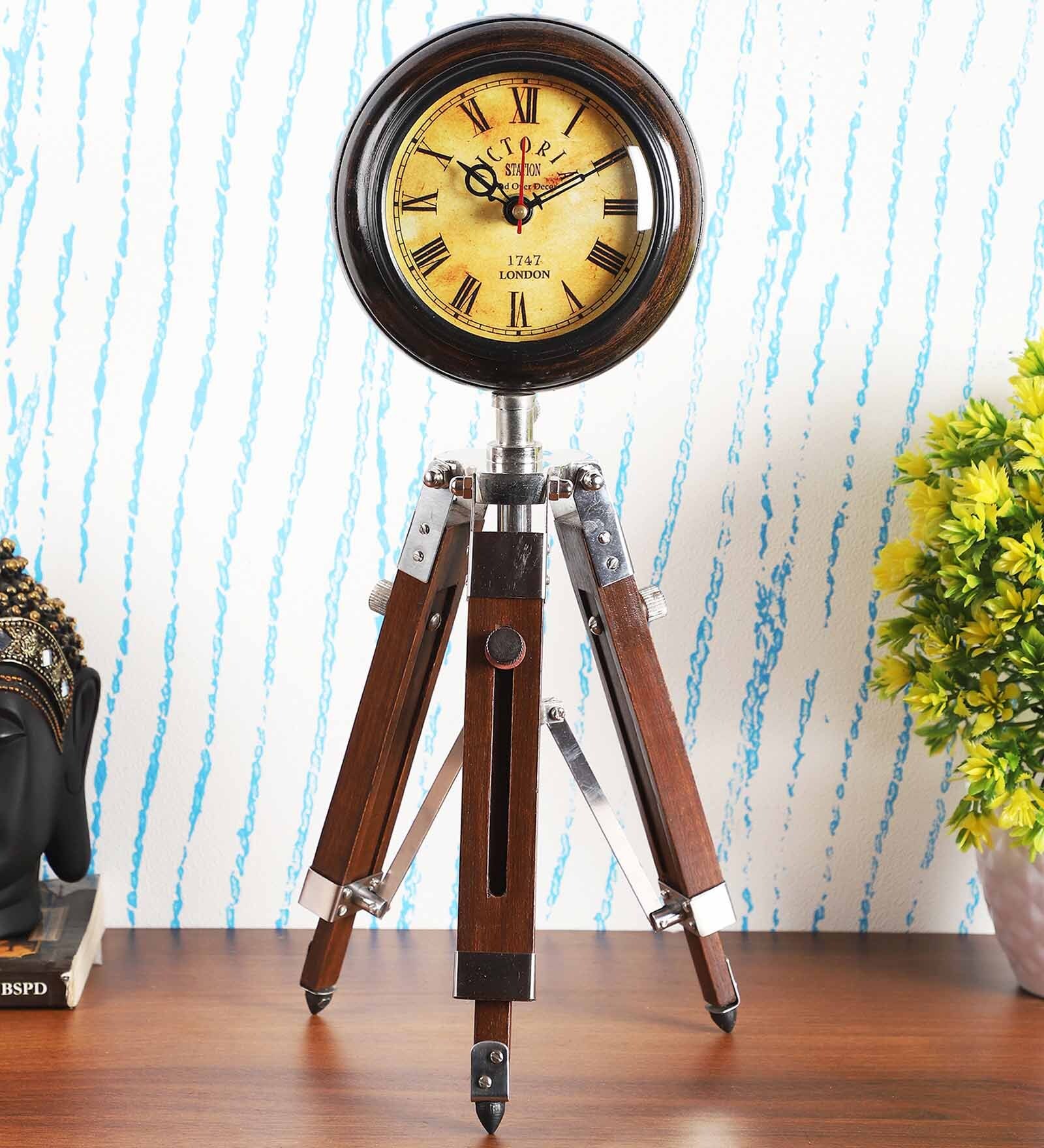 Buy Brown Wooden Tripod Stand Analog Table Clock Online - Table Clocks ...