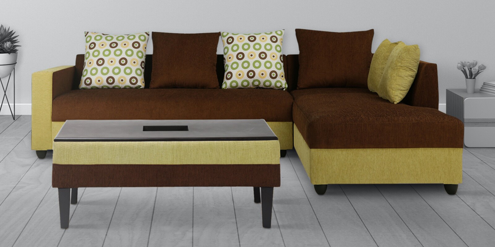 Buy Brisbane LHS 3 Seater Sofa with Coffee Table in Brown & Green