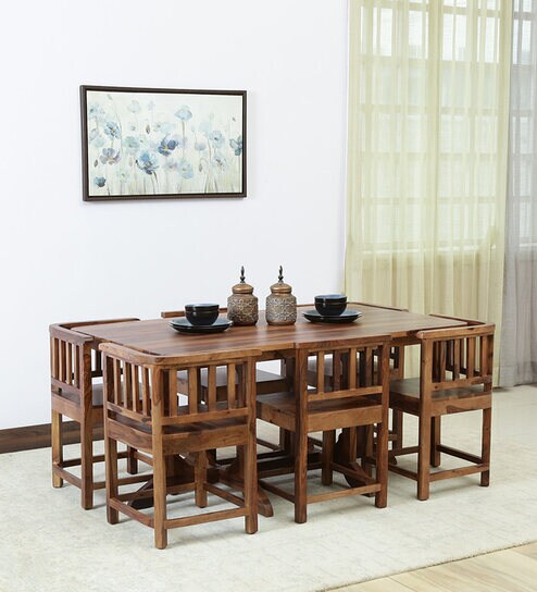 Buy Bodden Sheesham Wood 6 Seater Dining Set In Rustic Teak Finish Online - Contemporary 6 Seater Dining Sets - Dining Sets - Furniture - Pepperfry Product