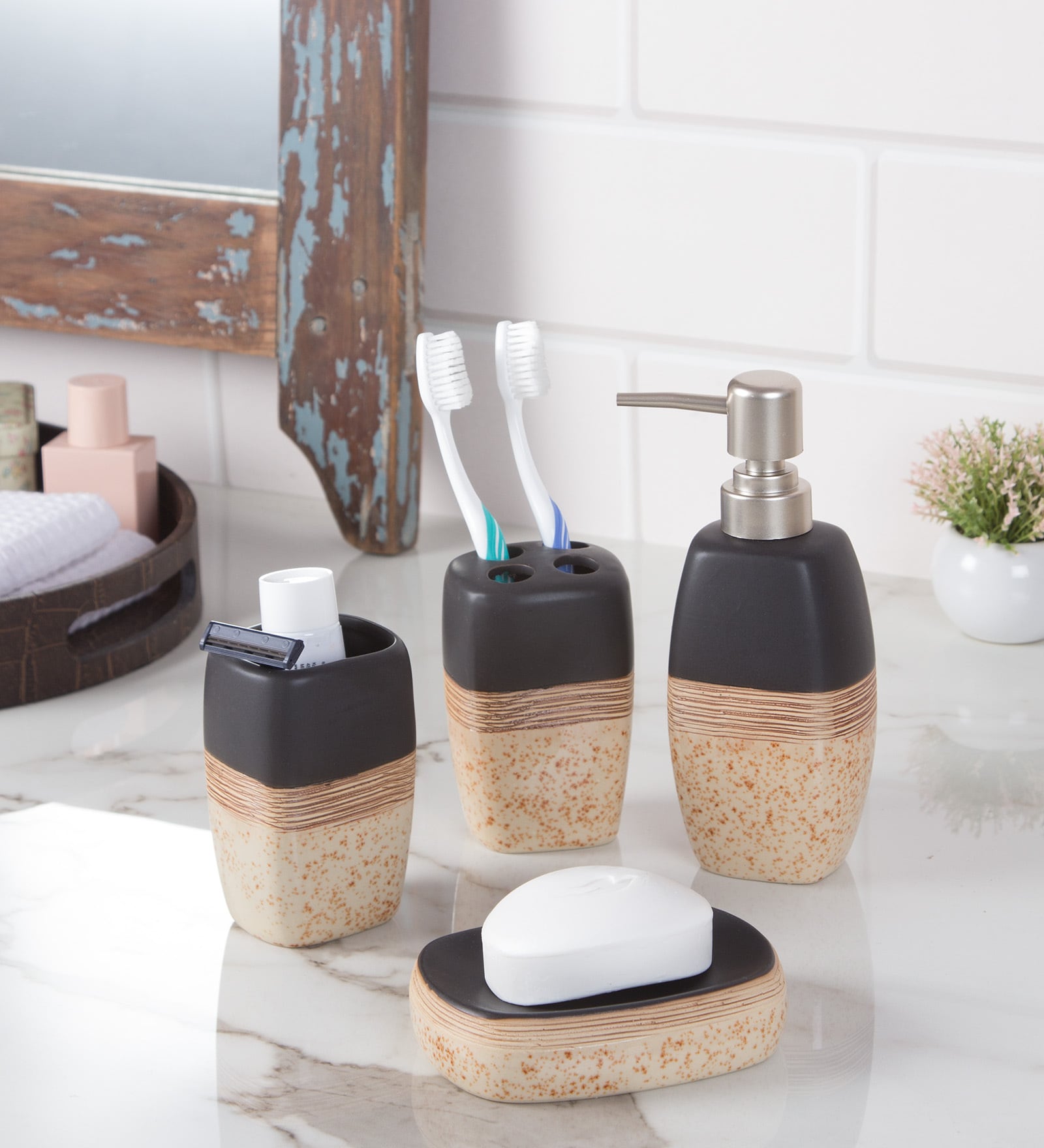 Buy Ceramic Carved Counter Top Bathroom Accessories in Black, Set of 4