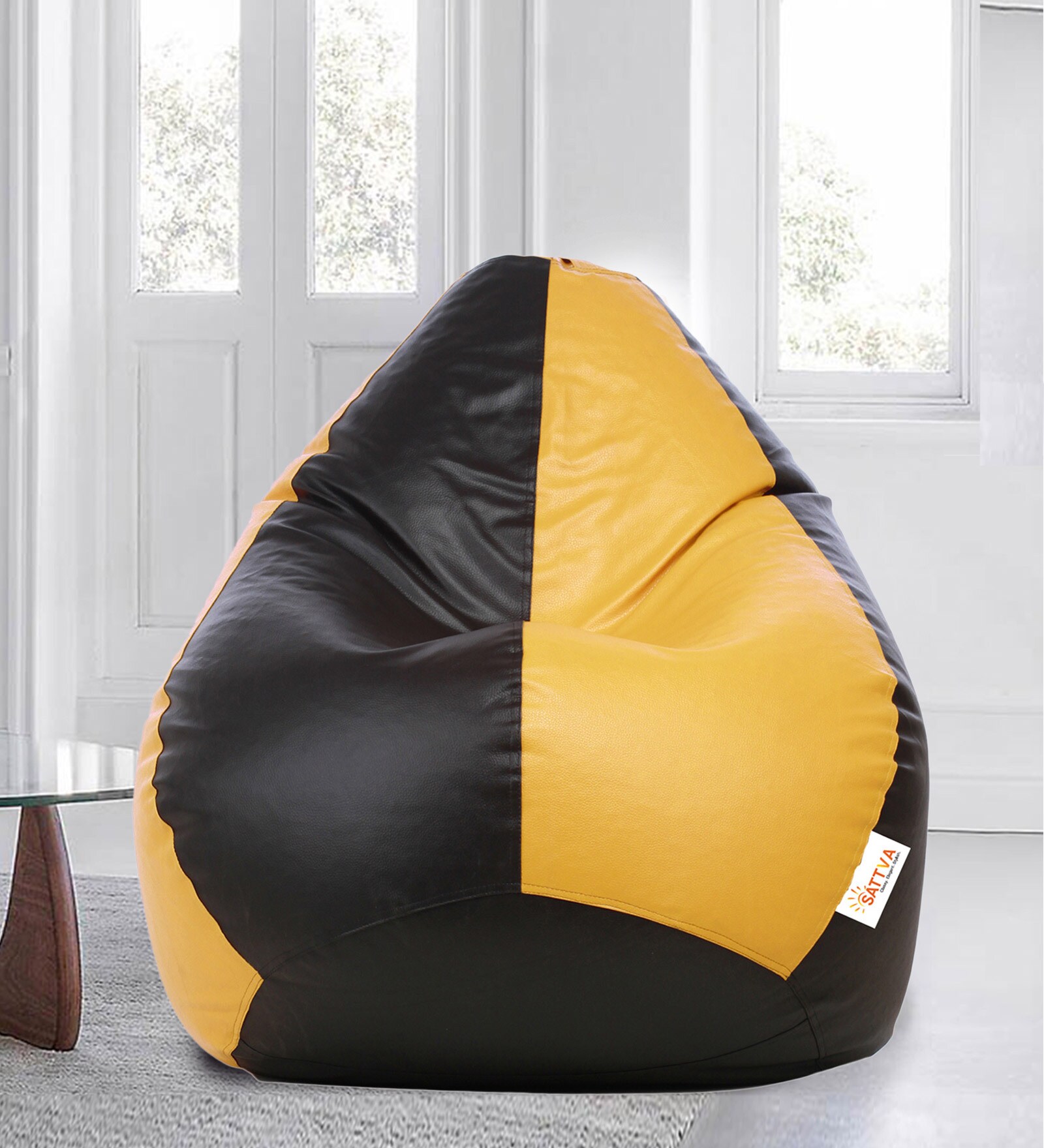 Buy Classic XXL Leatherette Bean Bag with Beans in Black & Yellow