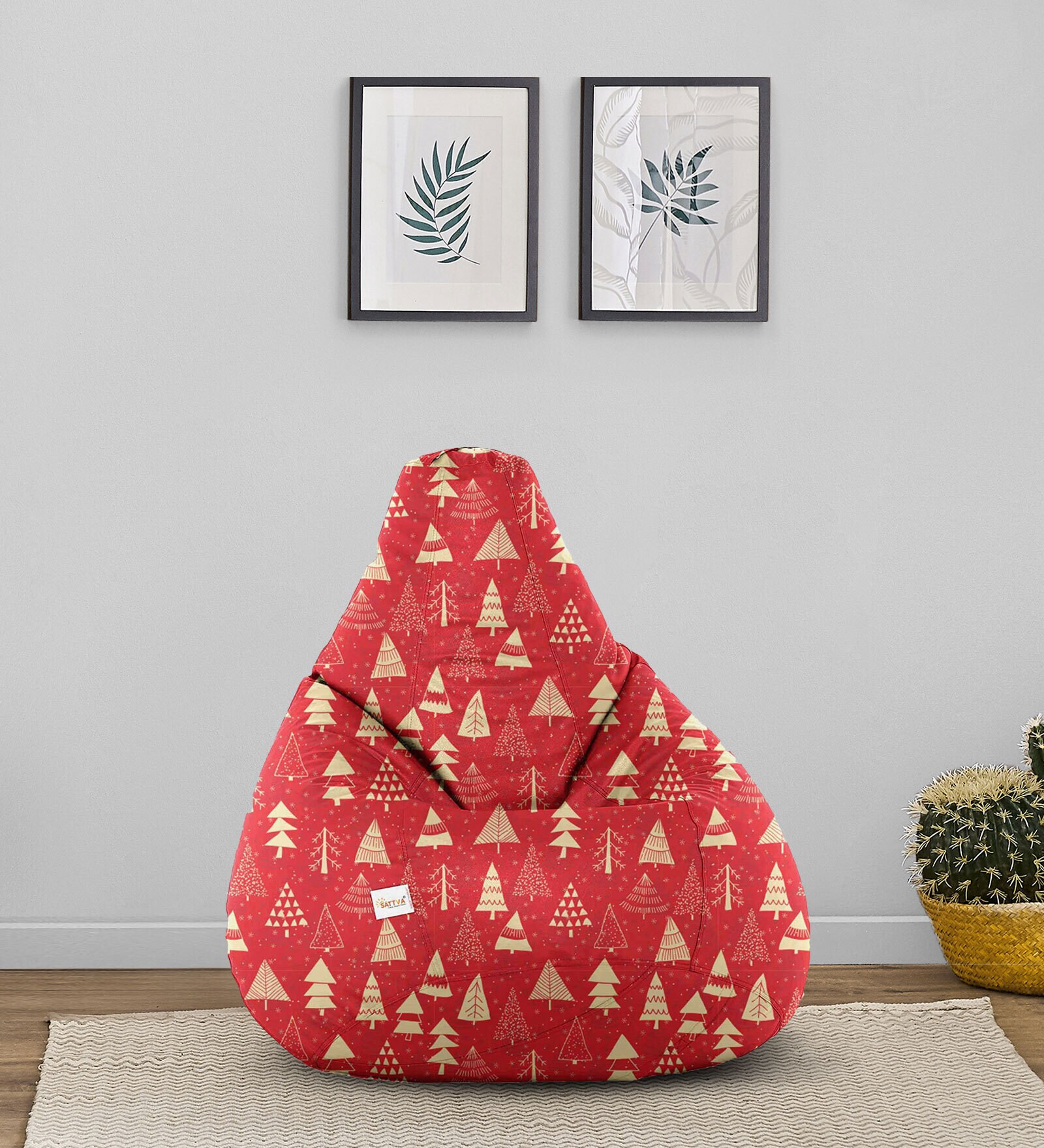 Buy Classic Tree Printed XXXL Fabric Bean Bag with Beans in Red Colour