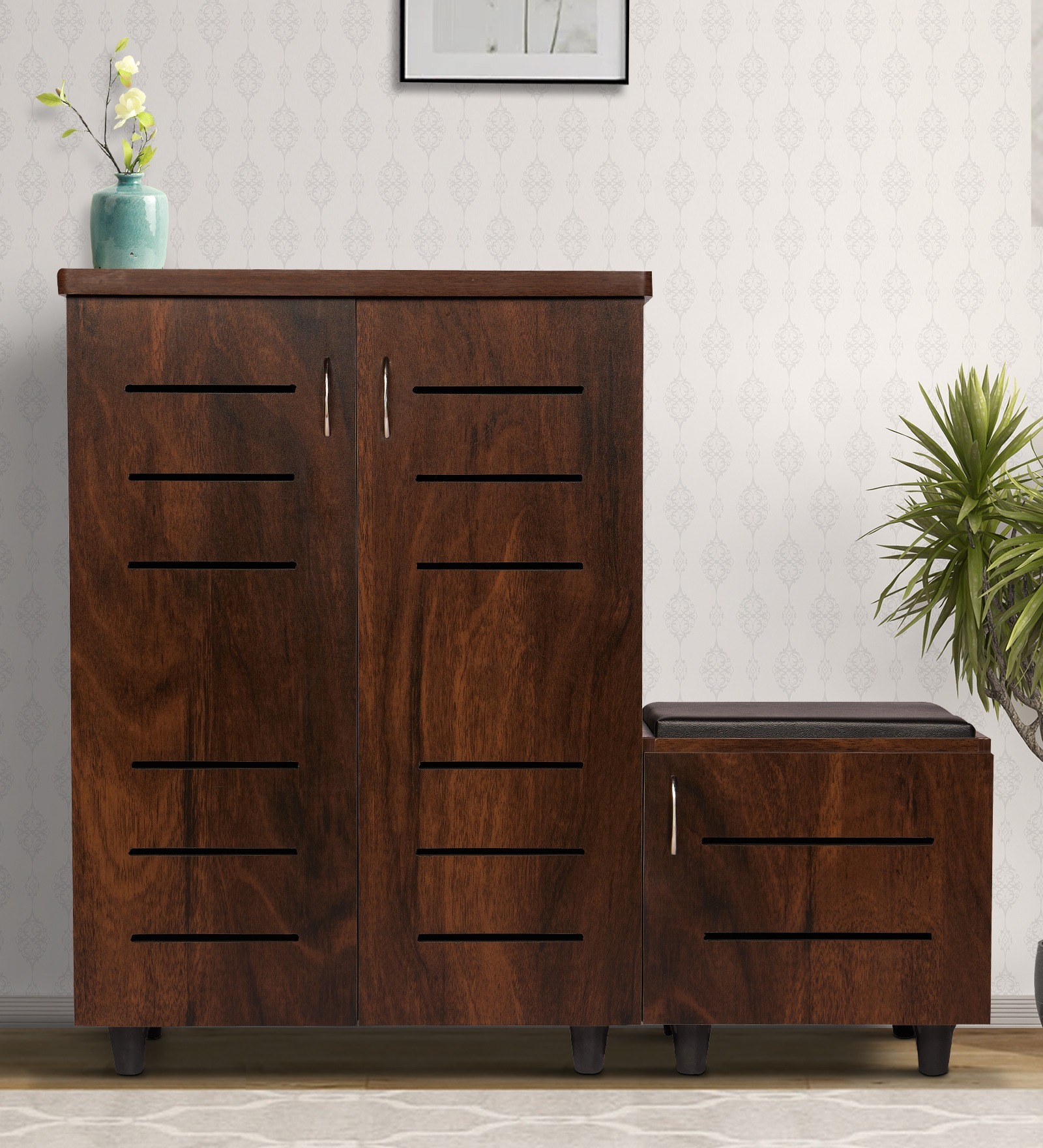 Buy Clovis Shoe Rack With Seating In Brown Teak Finish at 30 OFF by