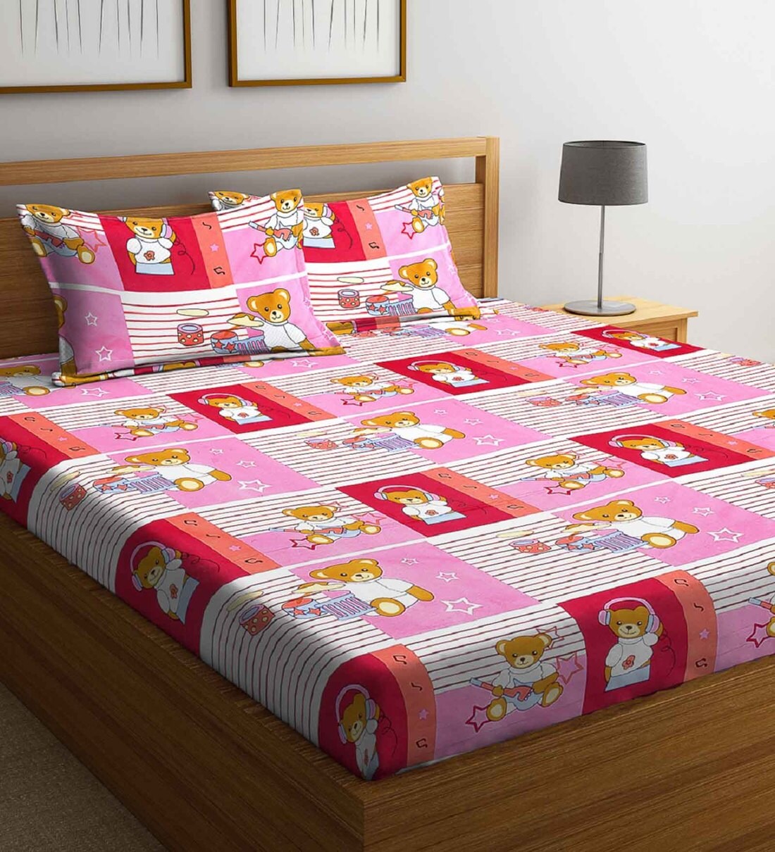 Buy Pink Abstract 144 TC Cotton 1 Double Bedsheet with 2 Pillow Covers
