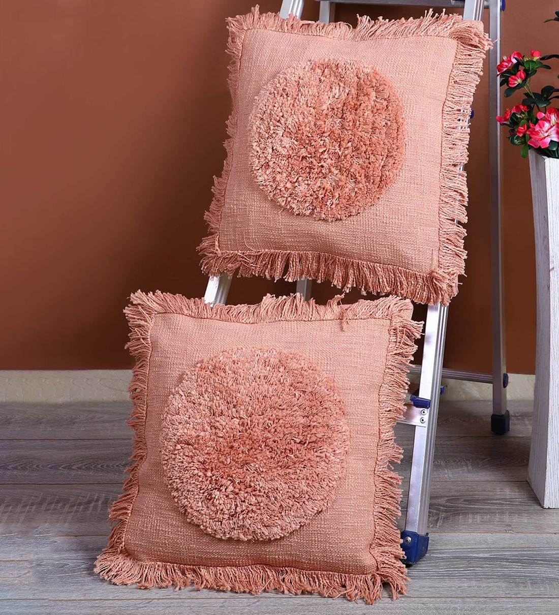 Buy Pink Woven Cotton 18 x 18 Inches Cushion Covers (Set of 2) by Eyda