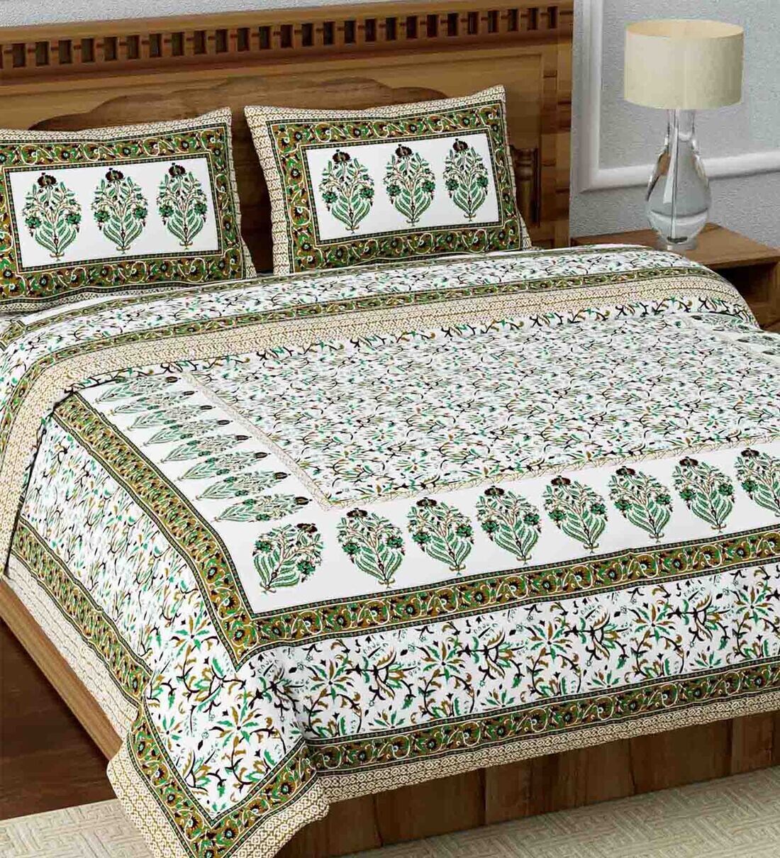 Buy Cotton 240TC Double Bedsheet With 2 Pillow Covers in Green Color by