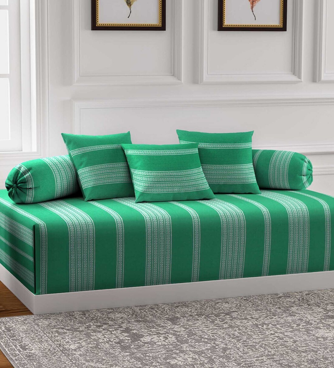 Buy Green Patterned 300 TC Cotton Blend (Set of 6) Diwan Sets by Arrabi