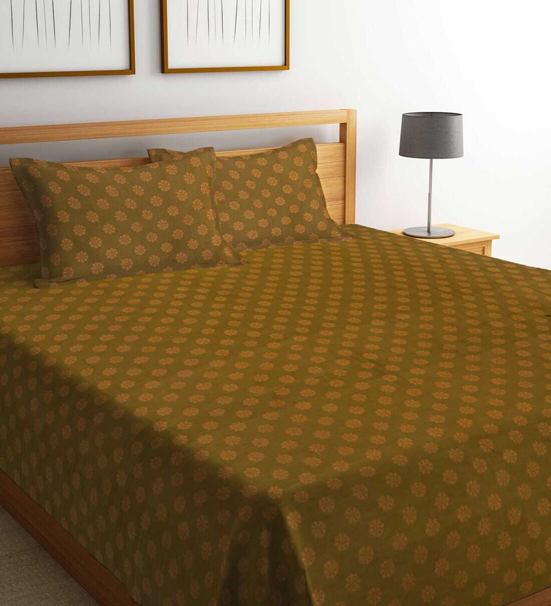 Buy Yellow Traditional 300 TC Cotton Double Bed Cover with 2 Pillow