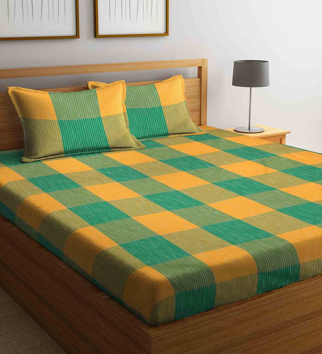 Buy Green Geometric 300 TC Cotton 1 Double Bedsheet with 2 Pillow