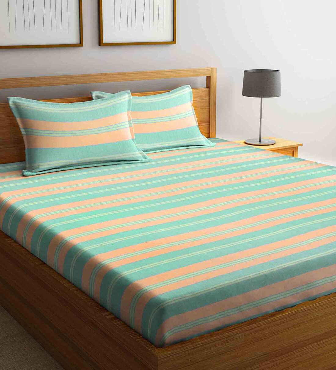 Buy Sky Blue Geometric 300 TC Cotton 1 Double Bedsheet with 2 Pillow