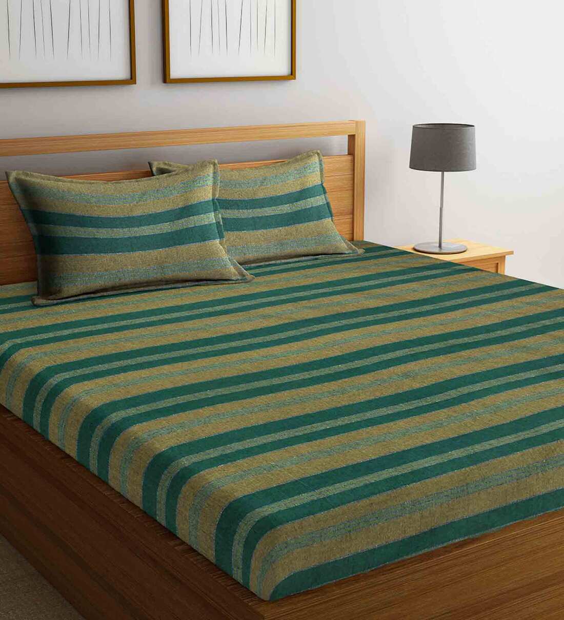Buy Green Geometric 300 TC Cotton 1 Double Bedsheet with 2 Pillow