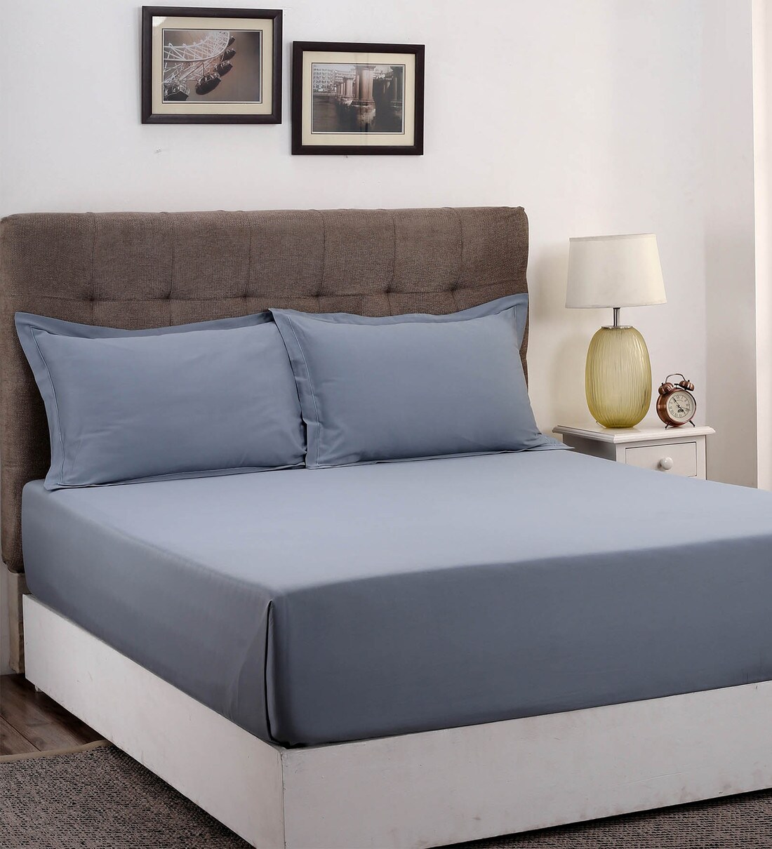 Buy Blue Solid 400 TC Cotton Blend King Sized Bed Sheets with 2 Pillow