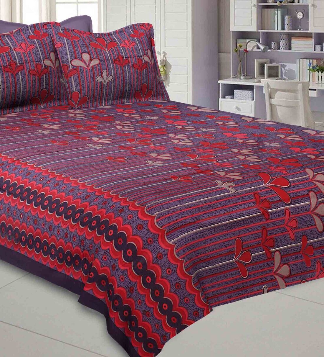 Buy Purple Floral 240 TC Cotton 1 Double Bedsheet with 2 Pillow Covers