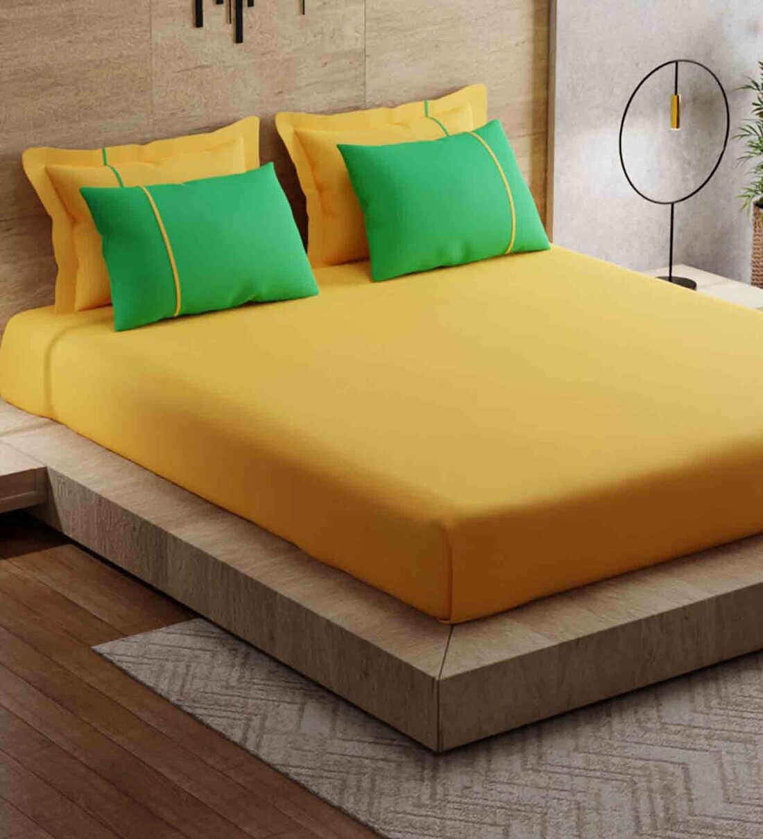 Buy Yellow Solid 144 TC Cotton King Sized Bed Sheets with 4 Pillow