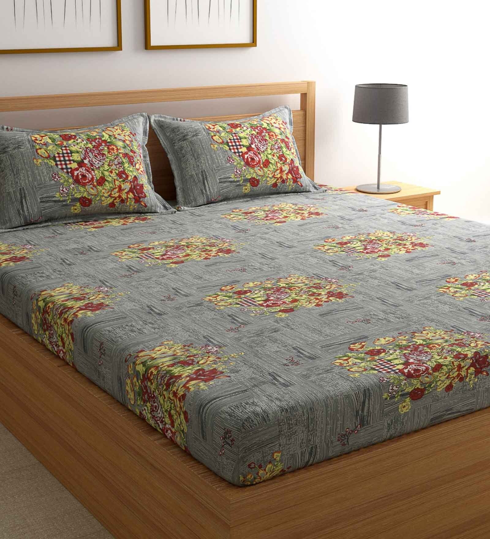 Buy Grey Floral 144 TC Cotton 1 Double Bedsheet with 2 Pillow Covers by