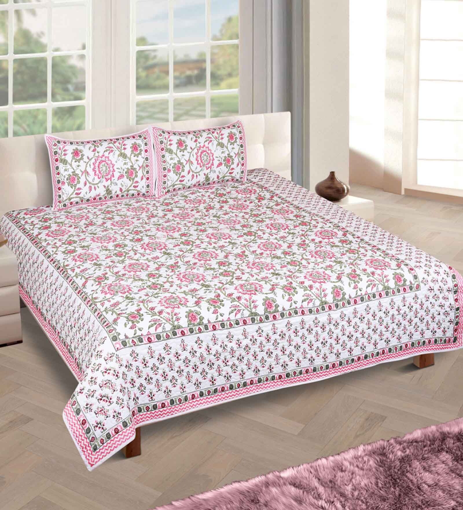Buy Pink Floral 400 TC Cotton 1 Double Bedsheet with 2 Pillow Covers by