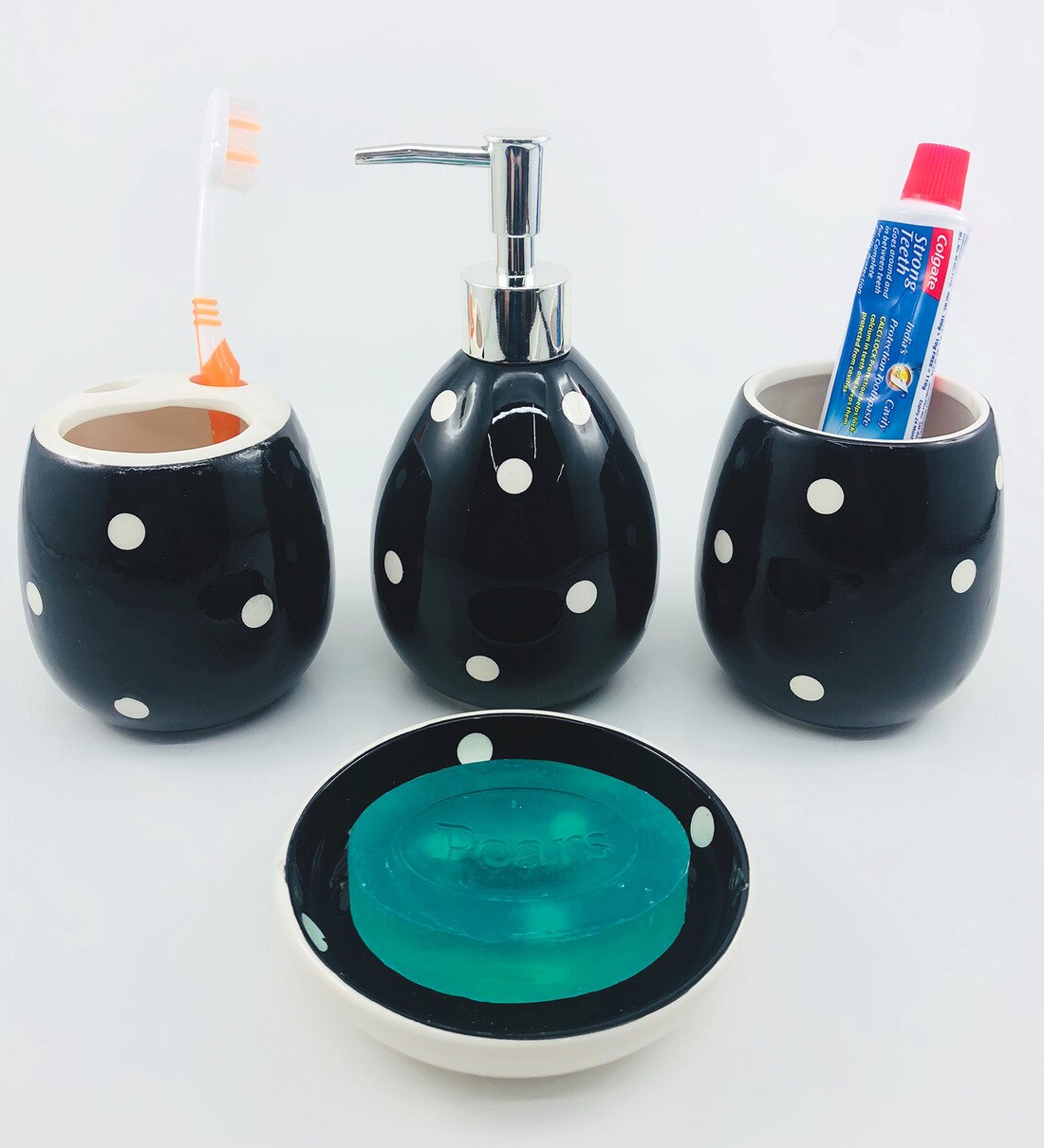 Buy Ceramic Counter Top Bathroom Accessories in Black & White, Set of 4