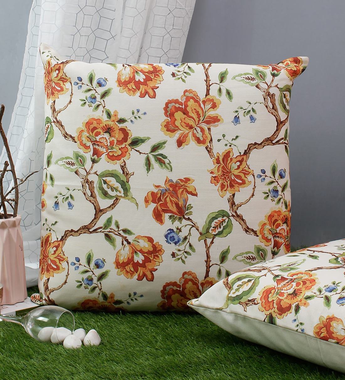 Buy Cream & Rust Floral Polyester 24 x 24 Inches Cushion Covers (Set of