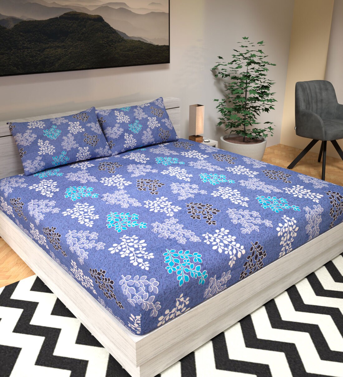 Buy Blue Floral 180 TC Cotton Queen Sized Bed Sheets with 2 Pillow