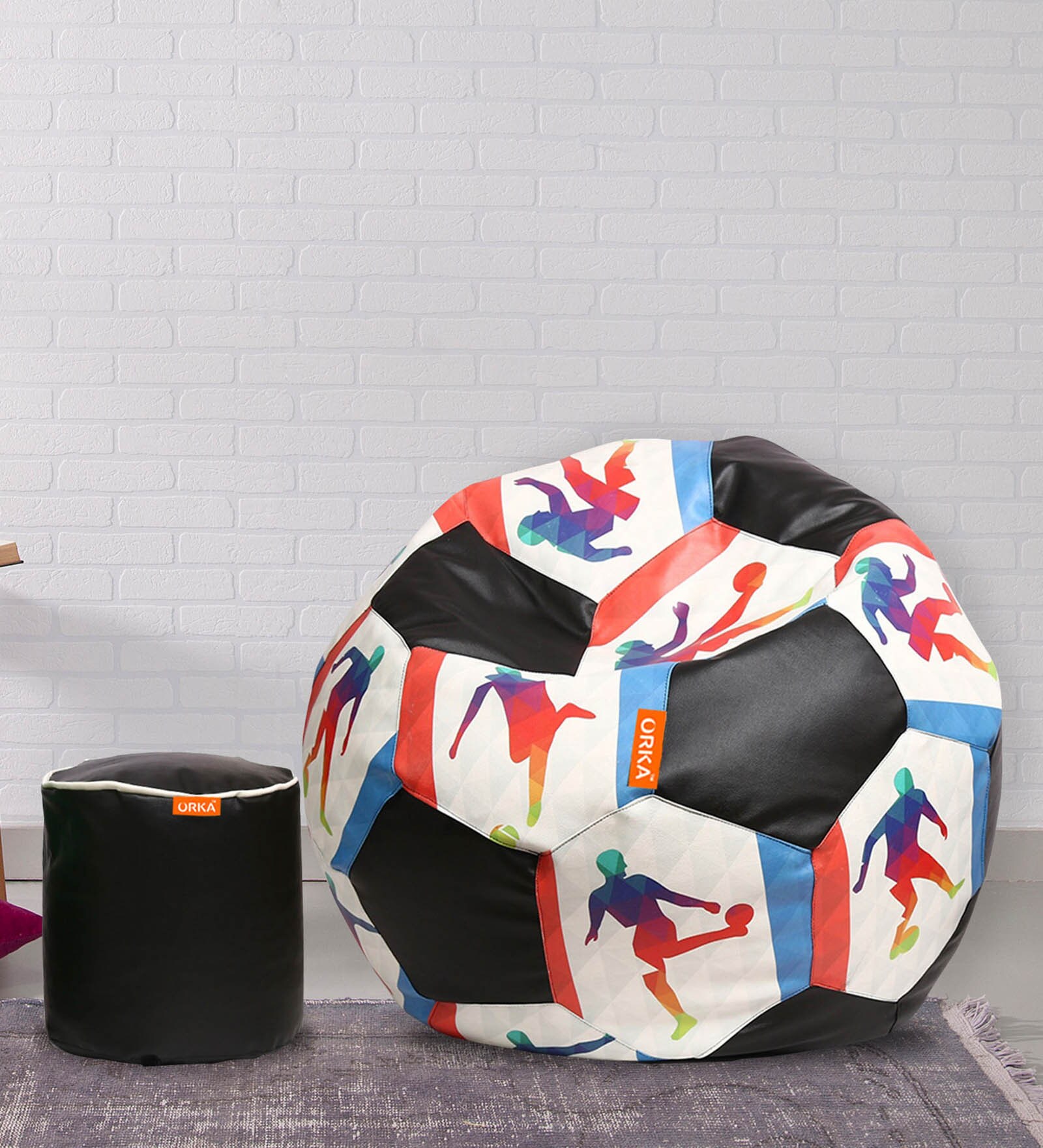 Buy Combo Digital Printed XXXL FootBall Bean Bag Cover & Round Pouffe