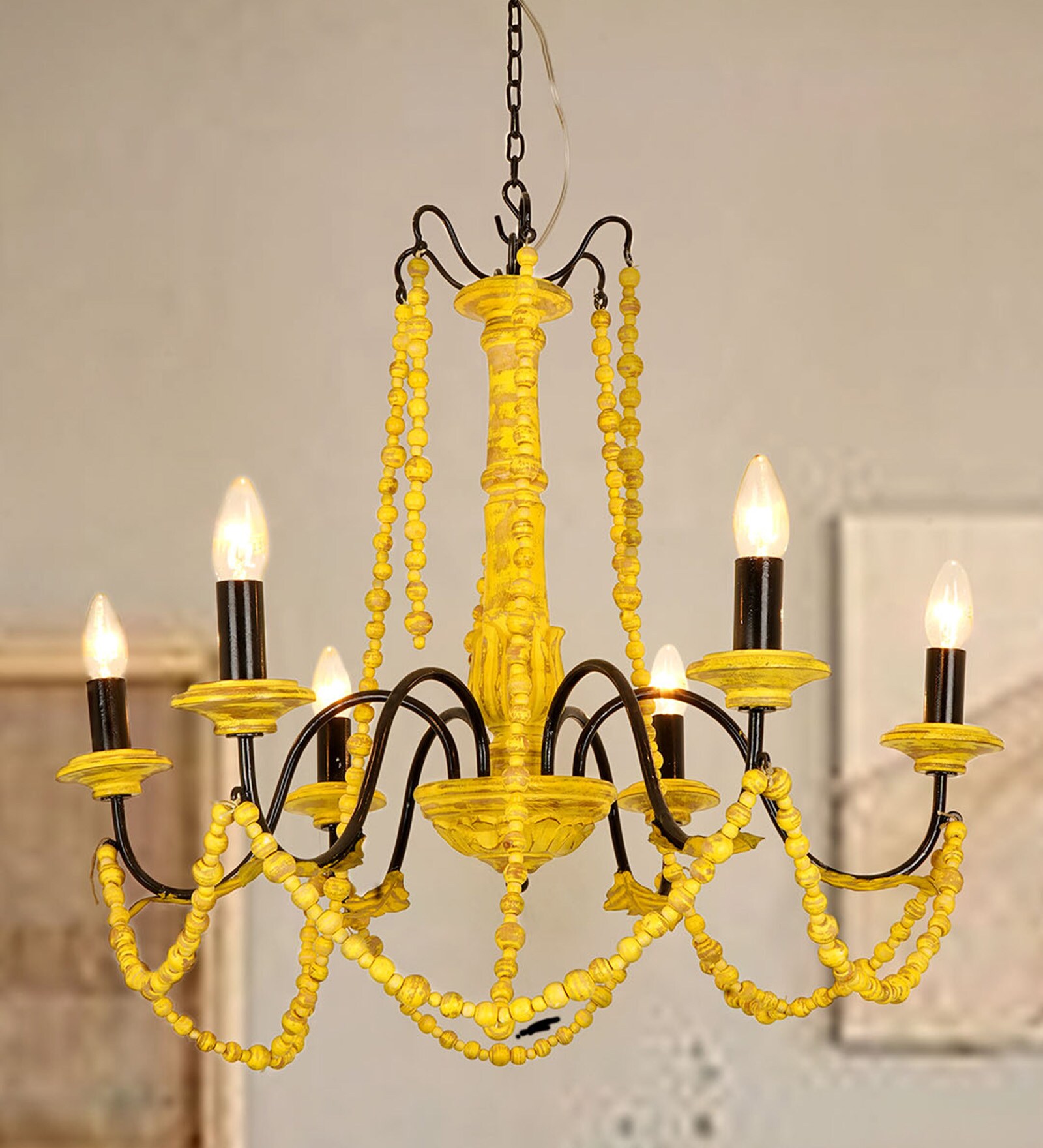 Buy Distressed Yellow 28 Inch Wide Wooden & Steel 6-Light Rustic ...