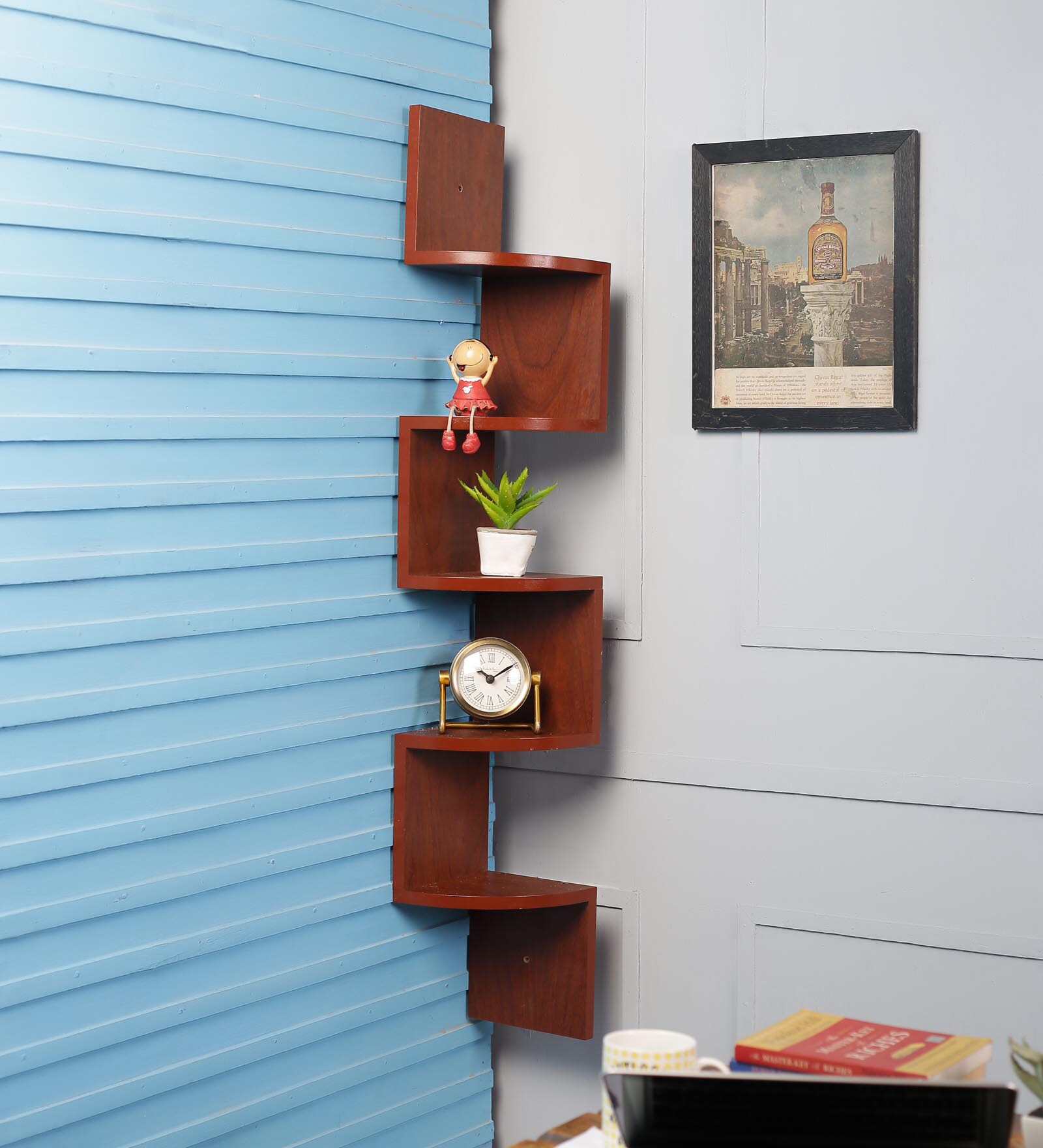 Buy Engineered Wood Zigzag Corner Wall Shelf in Cedar Colour by