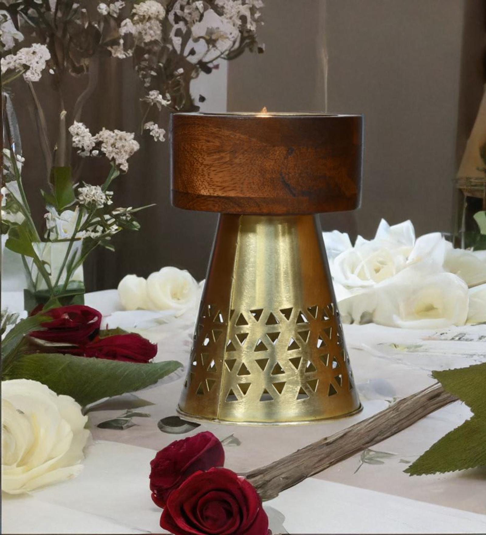 Buy Earthy Ornate Gold and Brown Wood and Iron Candle Holder by home