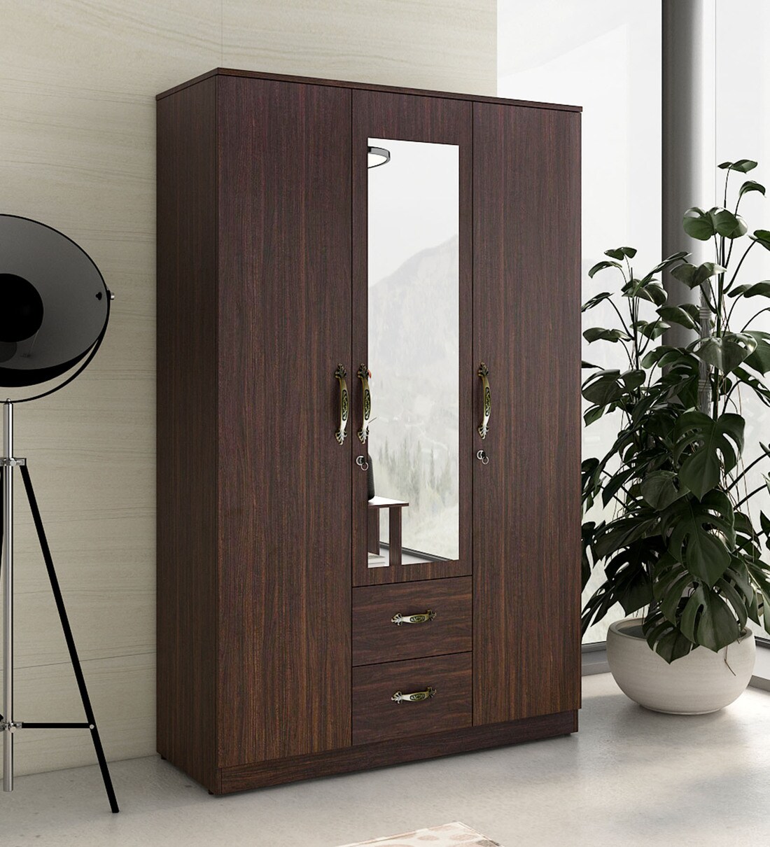 Buy Electra 3 Door Wardrobe in Choco Walnut Finish with Mirror Online ...